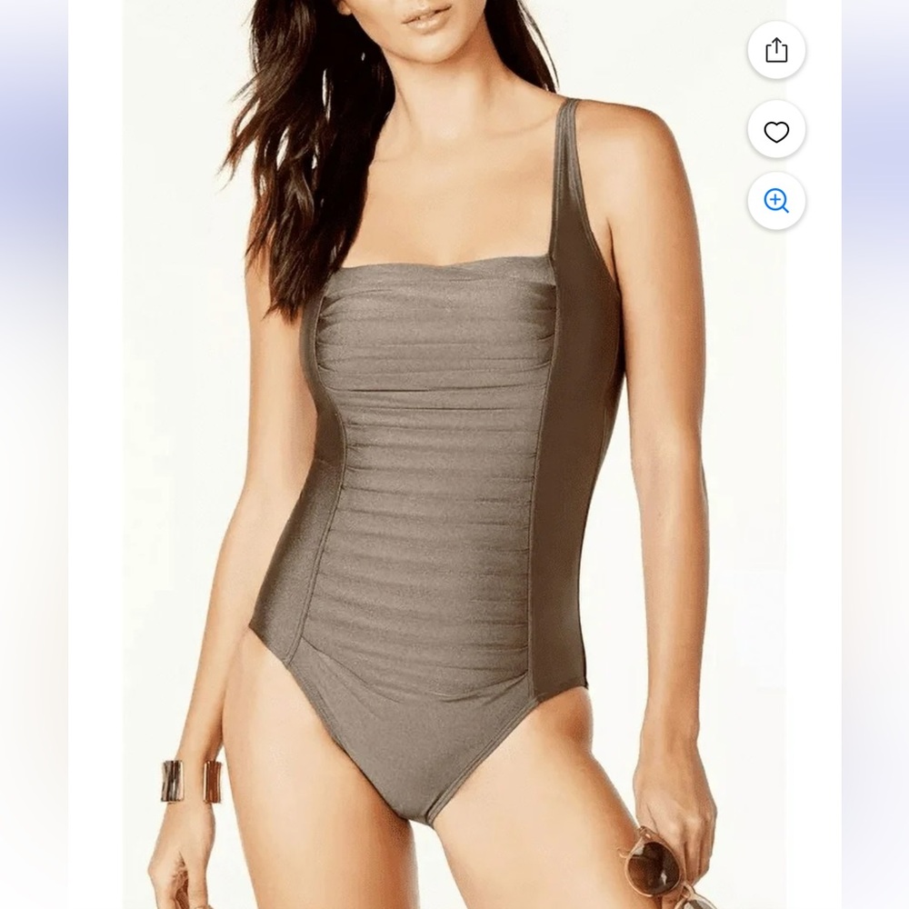 Calvin Klein Women's Pleated One Piece Swimsuit Metallic Bronze Size 12